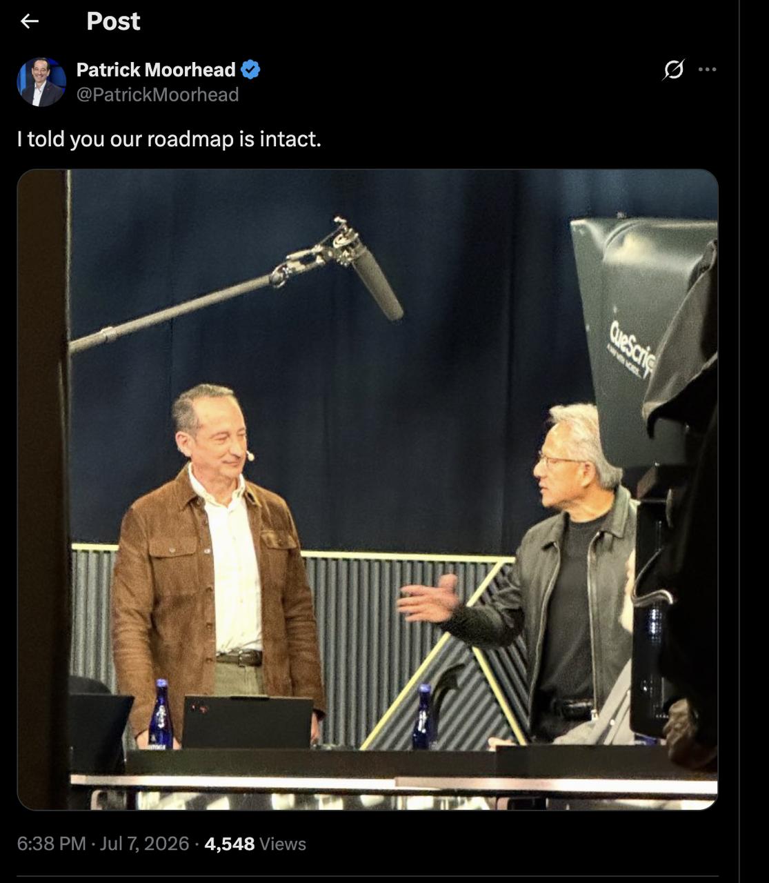 Patrick Moorhead's post reading "I told you our roadmap is intact," over a photo of Patrick Moorhead on the left and Jensen Huang on the right, onstage.